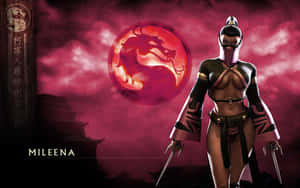 Mileena 在紅色龍紋章和寶塔下，手持雙刀擺出戰鬥姿勢。 — 1280x800 壁紙