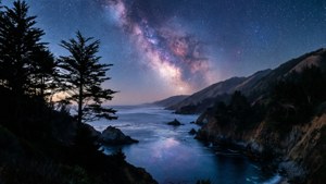 黑暗海岸小灣上空的銀河系，有樹木和懸崖