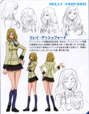 動畫角色 Milly Ashford 穿著校服，附有多個姿勢草圖。 — 中性 壁紙