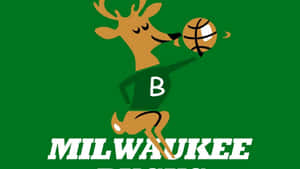 卡通鹿穿著綠色球衣運球，帶有Milwaukee Bucks文字。