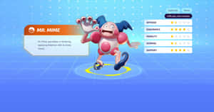 Mr. Mime 寶可夢角色跳舞，螢幕上顯示統計數據。