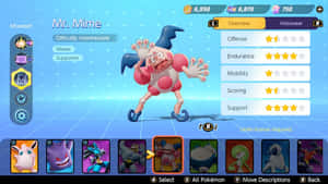Mr. Mime 喺 Pokémon 遊戲角色選擇畫面，帶有統計數據。