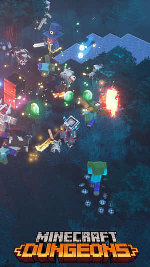 Minecraft Dungeons玩家在夜晚的黑暗森林中與發光的敵人戰鬥。
