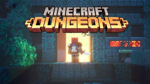 Minecraft Dungeons英雄站在一個發光的石頭門口，周圍有綠色藤蔓和紅石火炬。 — 我的世界 壁紙