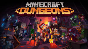 Minecraft Dungeons遊戲角色在像素化洞穴場景中帶有發光效果。 — 我的世界 壁紙