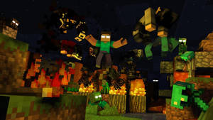 Minecraft玩家在夜晚點燃火炬跳過喪屍和苦力怕。