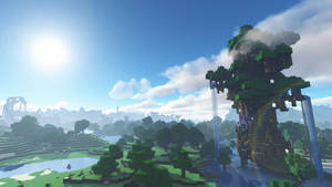 一個Minecraft景觀，有高大的樹木和瀑布，在明亮的陽光下。