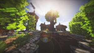 一個Minecraft村莊，像素化樹木和木屋沐浴在陽光中。