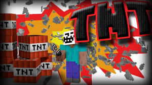 Minecraft角色被爆炸中的TNT方塊和飛揚的碎片包圍。
