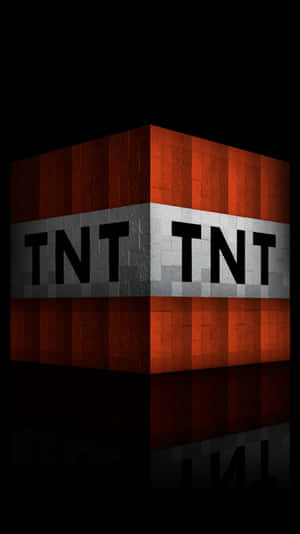 一個像素化的Minecraft TNT方塊，帶有紅色和灰色條紋，在黑暗表面上反射。