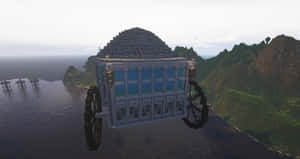 帶有金字塔屋頂的浮空 Minecraft 豪宅，漂浮在綠色山丘附近的海洋上空。 — 霍格華茲 GIF 壁紙