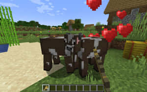 兩隻 Minecraft 牛在村莊中一起站立，有漂浮的心形。 — 我的世界 壁紙
