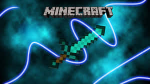Minecraft 鑽石劍被霓虹藍線環繞，背景為藍綠色。 — 手機 壁紙