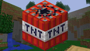 一個帶有黑色引線的紅色TNT方塊，位於Minecraft遊戲世界中，靠近河流和樹木。