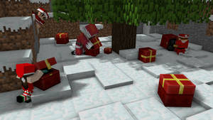 Minecraft 中的聖誕老人角色在雪景中打開紅色禮物盒。