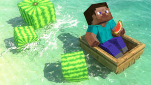 Minecraft角色喺船入面食西瓜，喺清澈嘅水上