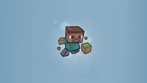 Minecraft角色在藍色背景前拿著草方塊