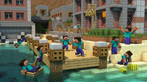 Minecraft 村民在清澈海水中的木製碼頭上享用西瓜。