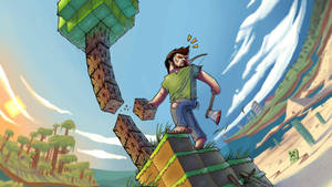 鬍鬚男在Minecraft風格世界中於夕陽下砍伐漂浮的樹木方塊。