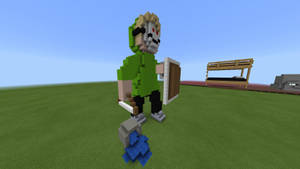 Minecraft角色戴著骷髏面具，在草地上手持盾牌和劍。 — 我的世界 壁紙