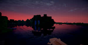 方塊 Minecraft 城市天際線喺日落時倒映喺水面。