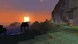 Minecraft 日落，有塊狀懸崖、海洋和發光的太陽方塊 — 我的世界 壁紙