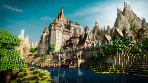 Minecraft 風格的湖邊城堡，有山脈和樹木 — 最佳 Minecraft 壁紙