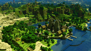 在Minecraft風格景觀中，河邊的一個方塊城堡小鎮。