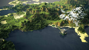 Minecraft島嶼上漂浮的城堡，有綠色山丘和雪峰。