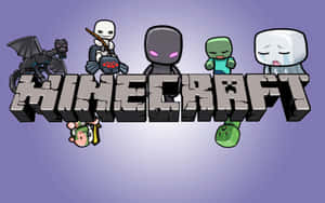 Minecraft 遊戲標誌，帶有方塊角色如終界使者和殭屍。 — 型格 Minecraft 壁紙