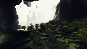 從洞穴入口看到的Minecraft叢林，外面有明亮的霧。