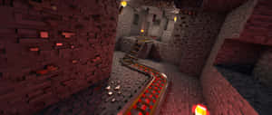 地下Minecraft隧道，帶有紅色鐵路軌道和發光的燈籠。