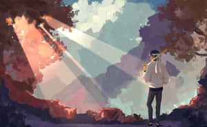 動漫角色手持劍站在森林中，陽光穿透樹林