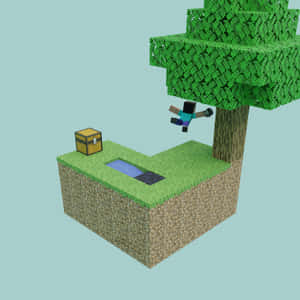 Minecraft 玩家喺草地方塊上，喺有箱同水池嘅樹附近跳躍。 — iPad (A16) 壁紙