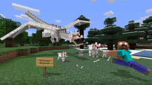 Minecraft 玩家喺像素森林入面帶住狼群逃離骷髏龍。 — 狼 壁紙
