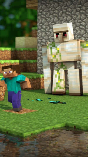 Minecraft 玩家在草地方塊世界中面對殭屍，有水與石頭。 — 型格 Minecraft 壁紙
