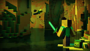 Minecraft 玩家在叢林生物群系中手持發光劍，附近有苦力怕。
