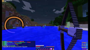 Minecraft 玩家在夜間於發光的水面上瞄準弓箭，聊天文字可見。