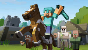 Minecraft 玩家騎馬持劍，村民和雞在像素世界中。