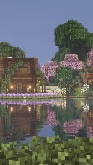 池塘旁的Minecraft小屋，像素化樹木和紫色花朵倒映在水中。