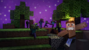 Minecraft 玩家喺紫色天空下嘅夜晚森林入面同喪屍戰鬥。