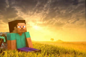 Minecraft角色坐在金色日落時的草地上