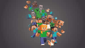 Minecraft角色和怪物以方塊狀數位藝術風格，背景為灰色。