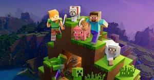 Minecraft角色與動物在日落時的懸崖上