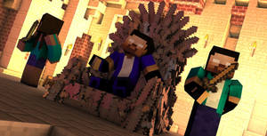 三個Minecraft角色在一個有火炬和石牆的城堡中。