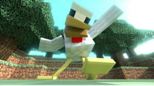 白天在像素森林中的Minecraft雞。