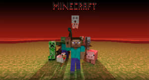 像素化紅色日落景觀中的Minecraft角色。