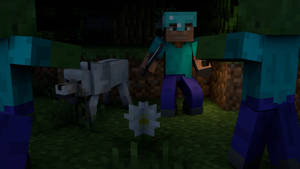 Minecraft玩家與狼在黑暗森林中持劍靠近花朵