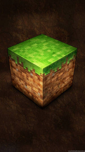 在裂開的泥土背景上，帶有像素紋理的Minecraft草地塊