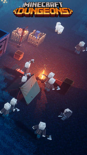 Minecraft Dungeons角色聚集在黑暗像素世界中的營火旁。
